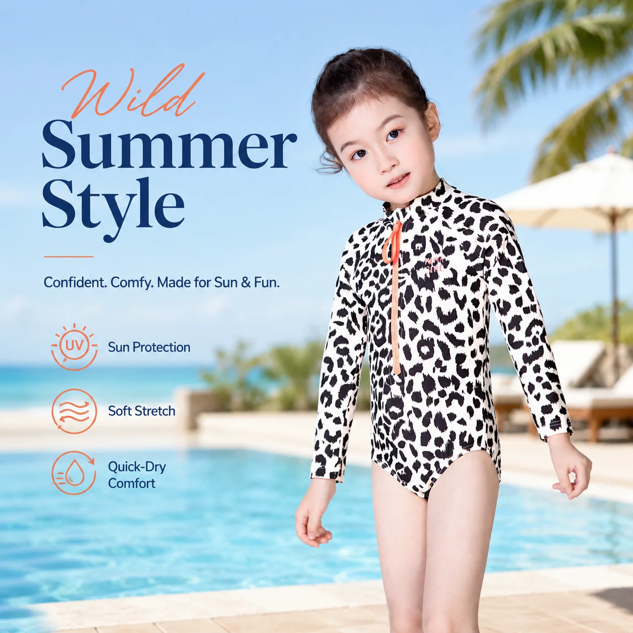 Girl wearing a long-sleeve leopard-print one-piece rash guard beside a pool